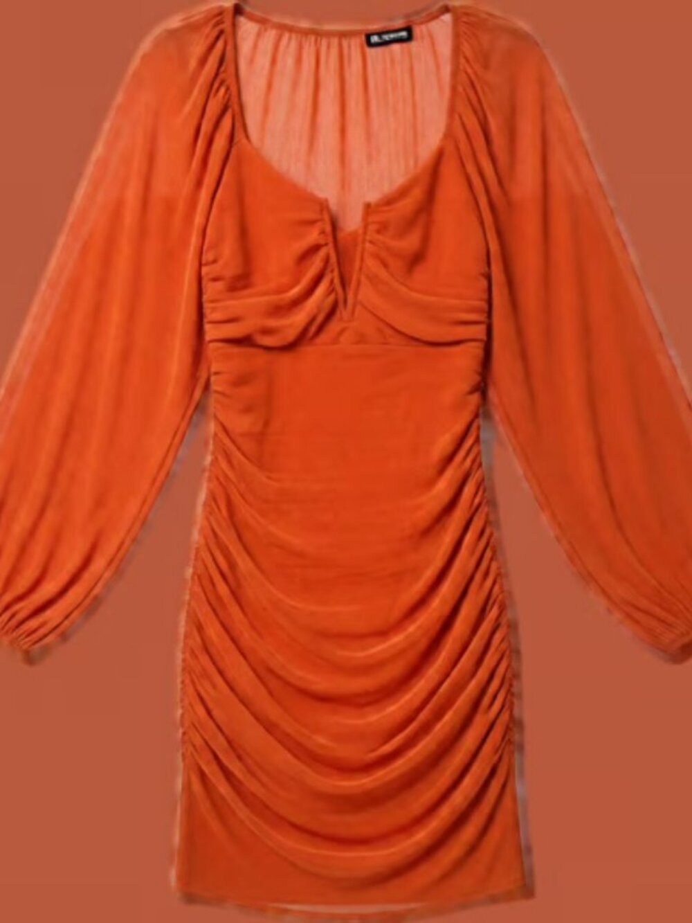 Women's V-Neck Ruched Bodycon Mini Dress Puff Long Sleeve Bright Orange Size S